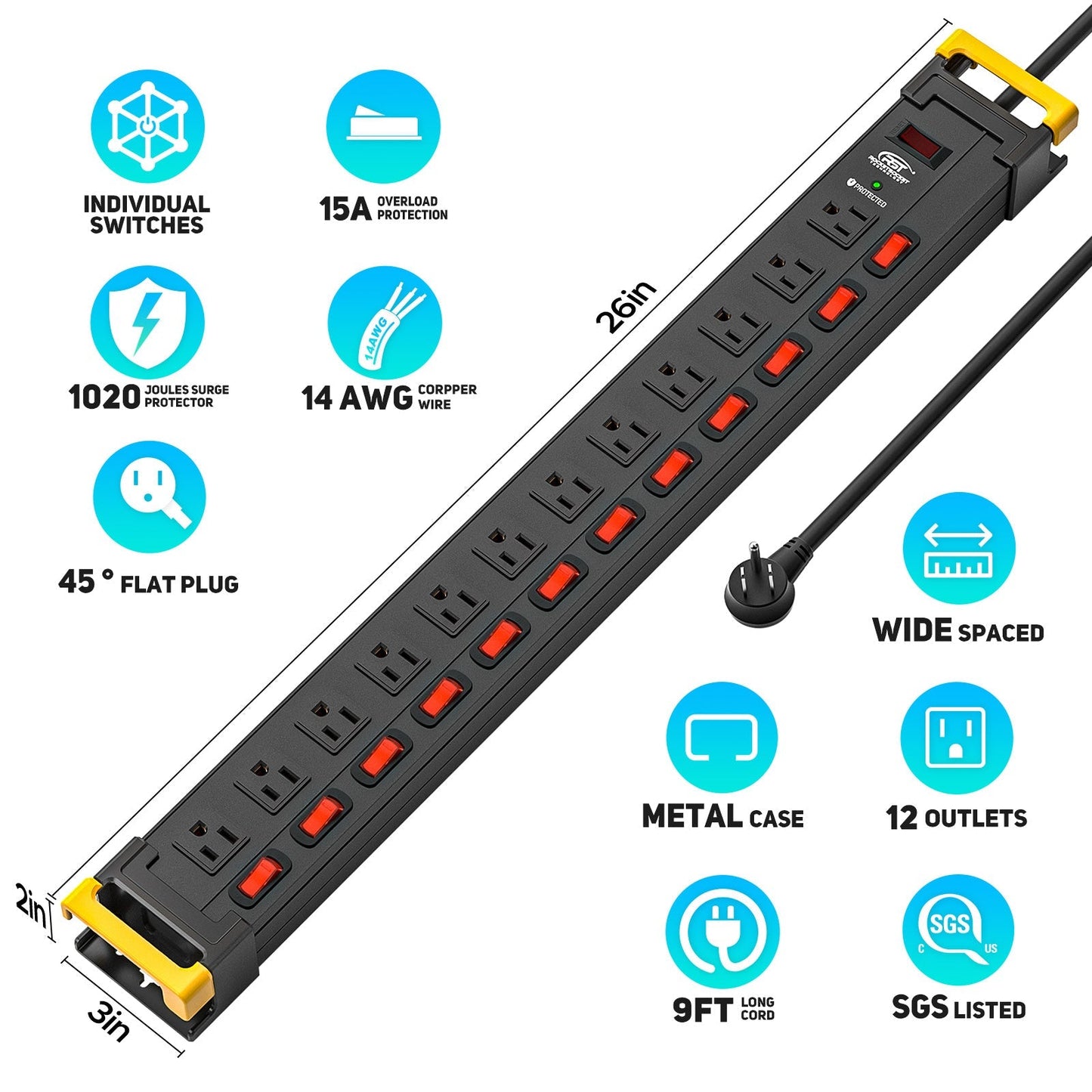 12 Outlets Individual Switches Power Strip Surge Protector with Cord Holding Design, 9FT Flat Plug Power Cord