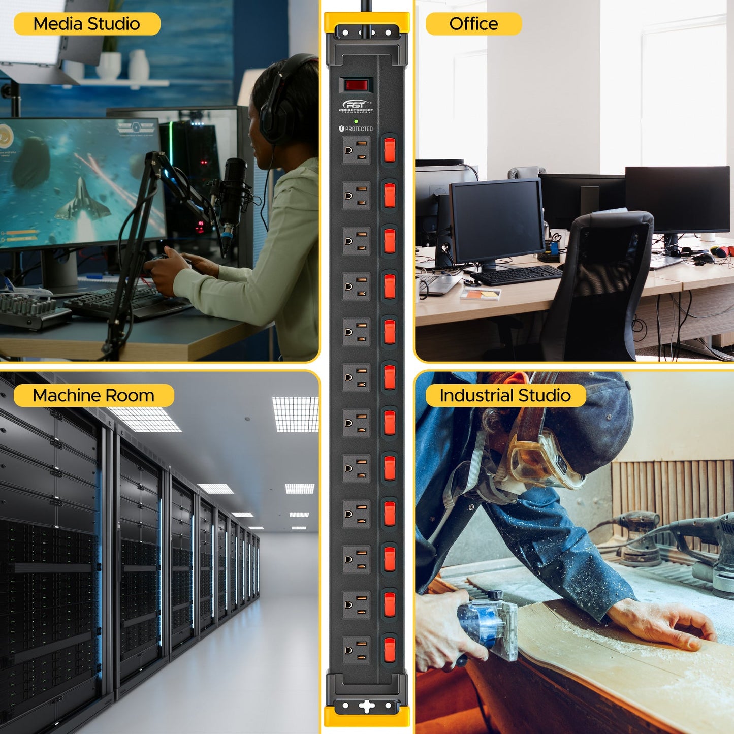 12 Outlets Individual Switches Power Strip Surge Protector with Cord Holding Design, 9FT Flat Plug Power Cord
