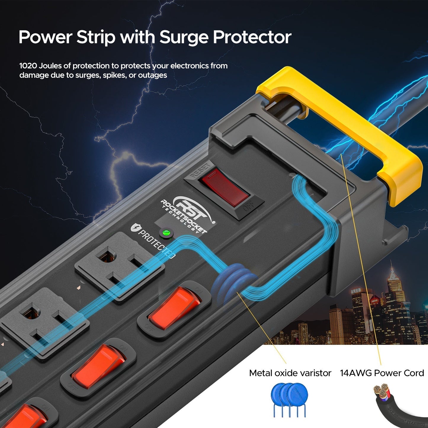12 Outlets Individual Switches Power Strip Surge Protector with Cord Holding Design, 9FT Flat Plug Power Cord