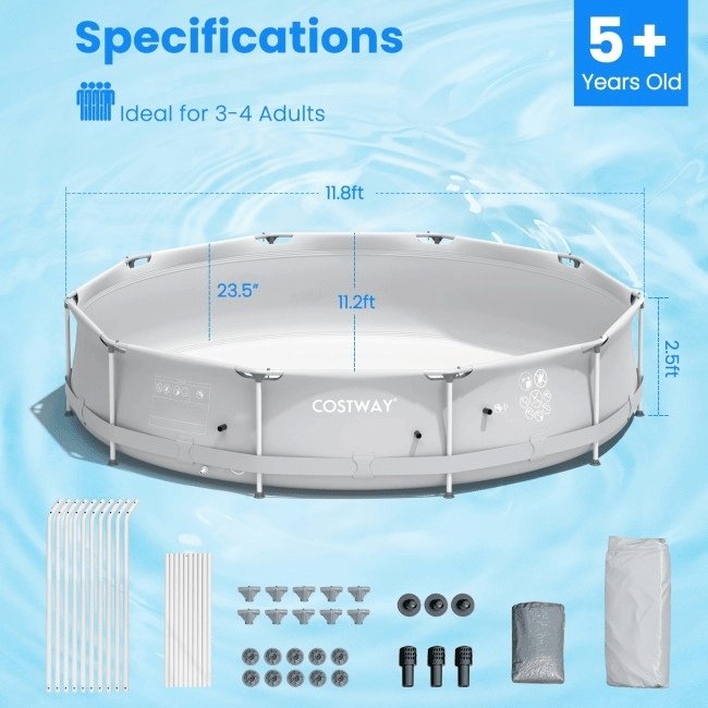 Large Round Above Ground Swimming Pool With Pool Cover, 12FT