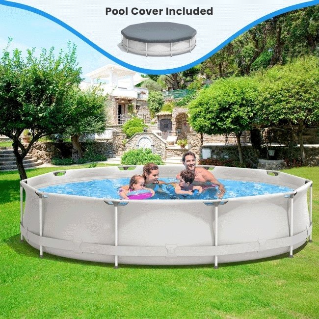 Large Round Above Ground Swimming Pool With Pool Cover, 12FT