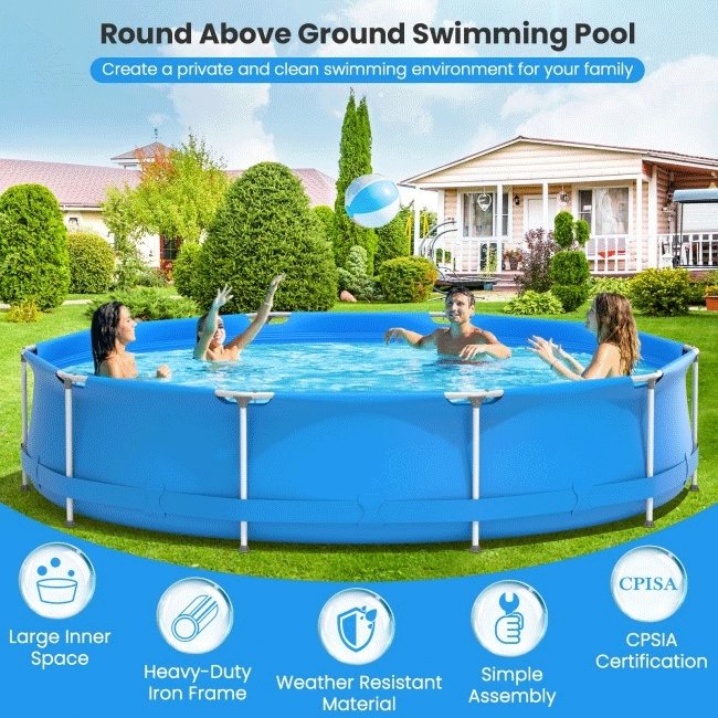 Large Round Above Ground Swimming Pool With Pool Cover, 12FT